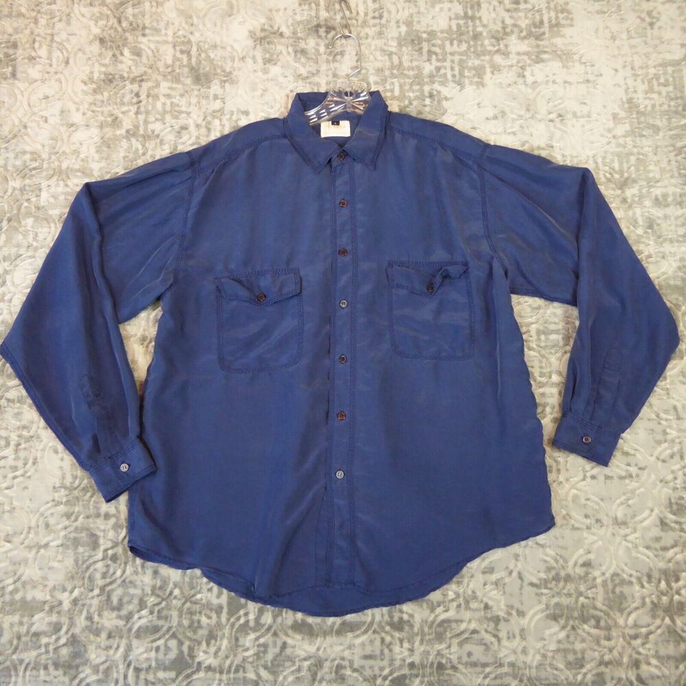 Vintage Ravi Shirt Men's Large Blue 100% Silk Lightweight Button Down Collared